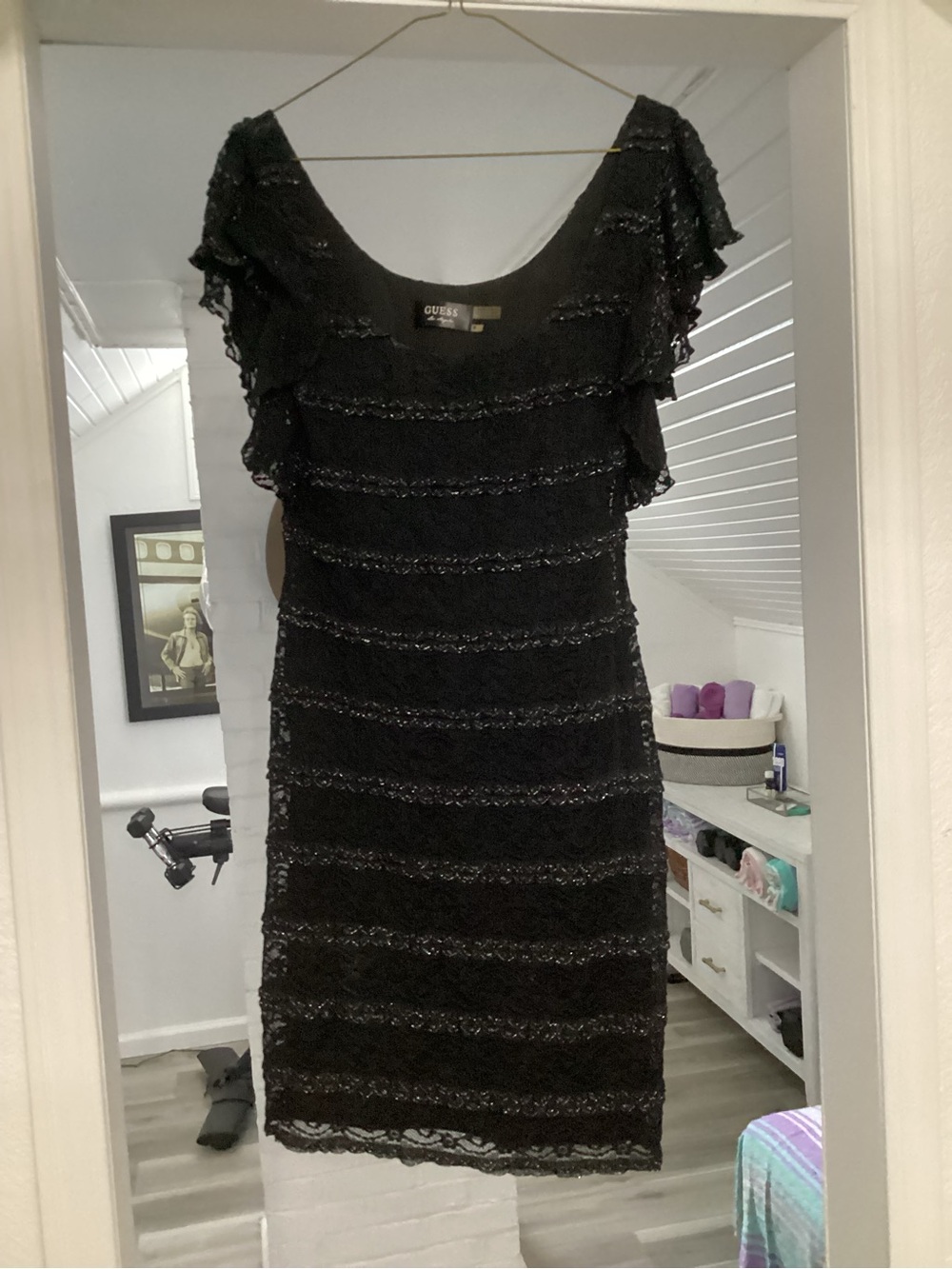 GUESS Black Lace Ruffled-Sleeve Dress
